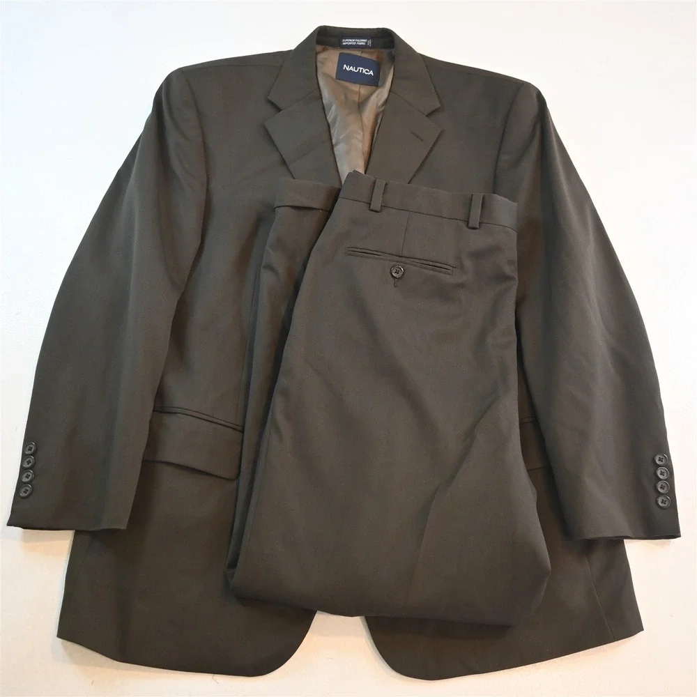 Vtg Y2K Boxy 2000s 44R 36x30 Dark Green‎ 100% Wool Mens Jacket Pants Suit